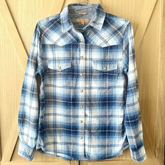 Jachs Girlfriend Bea Blue Plaid Snap Button Up Long Sleeve Shirt Women’s XS - Picture 1 of 9
